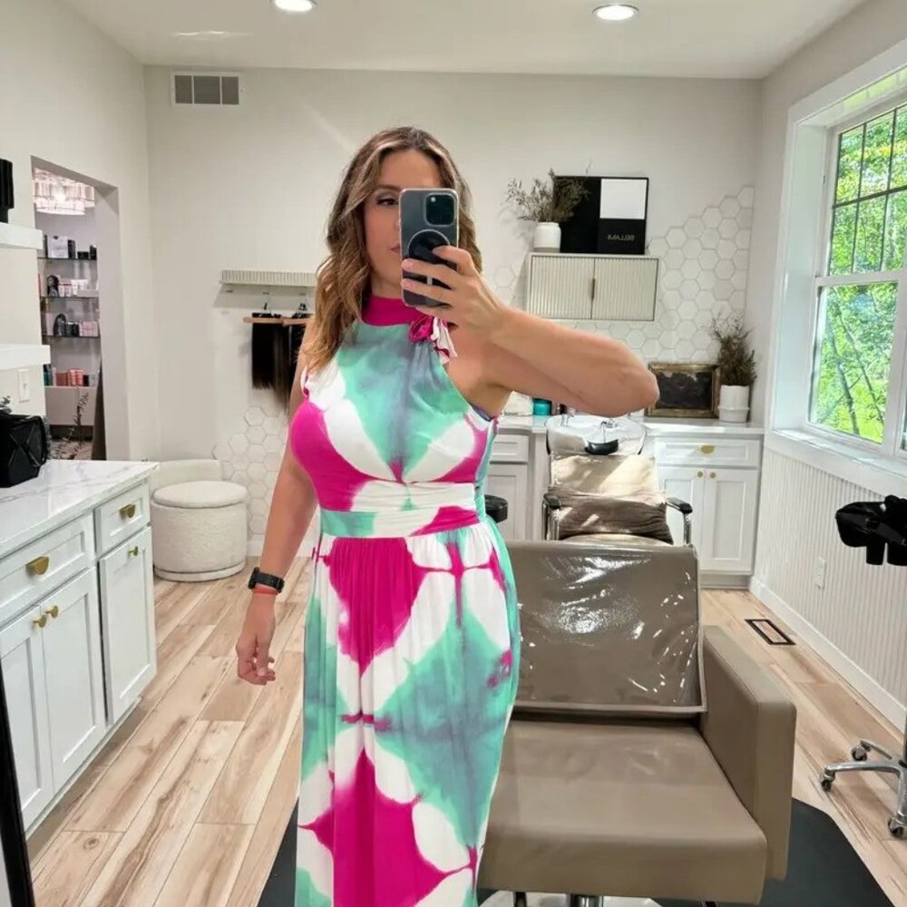 BUSAYO Green Pink Tie Dye Halter A-Line Sleeveless Tie Neck Gown Size 12